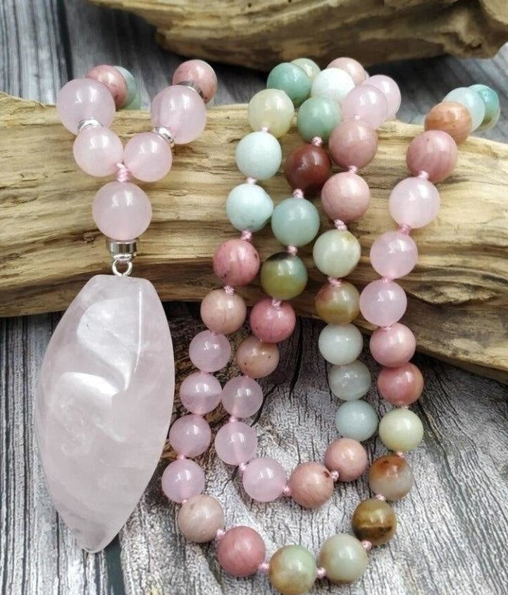 108 Natural Amazonite Rose Quartz & Rhodonite Mala Necklace