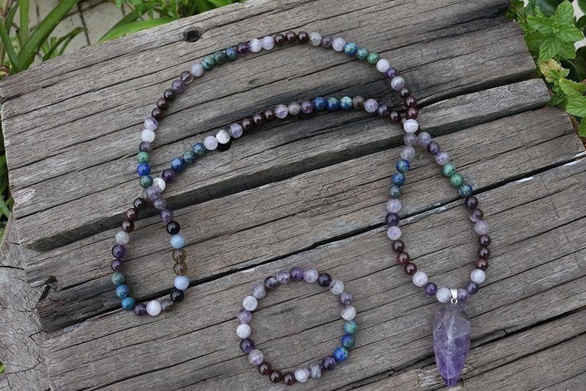 108 Natural Amethyst & Garnet Mala Bead Necklace / Bracelet
