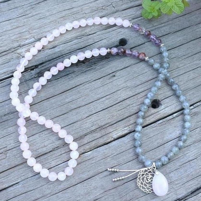 108 Natural Labradorite White Jade and Amethyst Mala Beads Necklace / Bracelet
