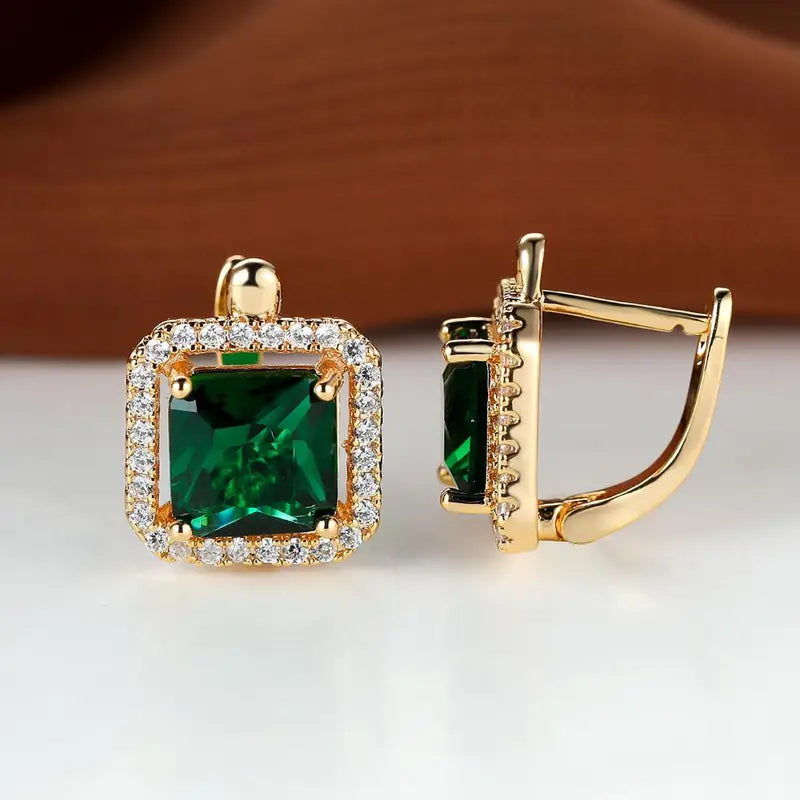 Golden Green Square Zirconia Earrings | Gold