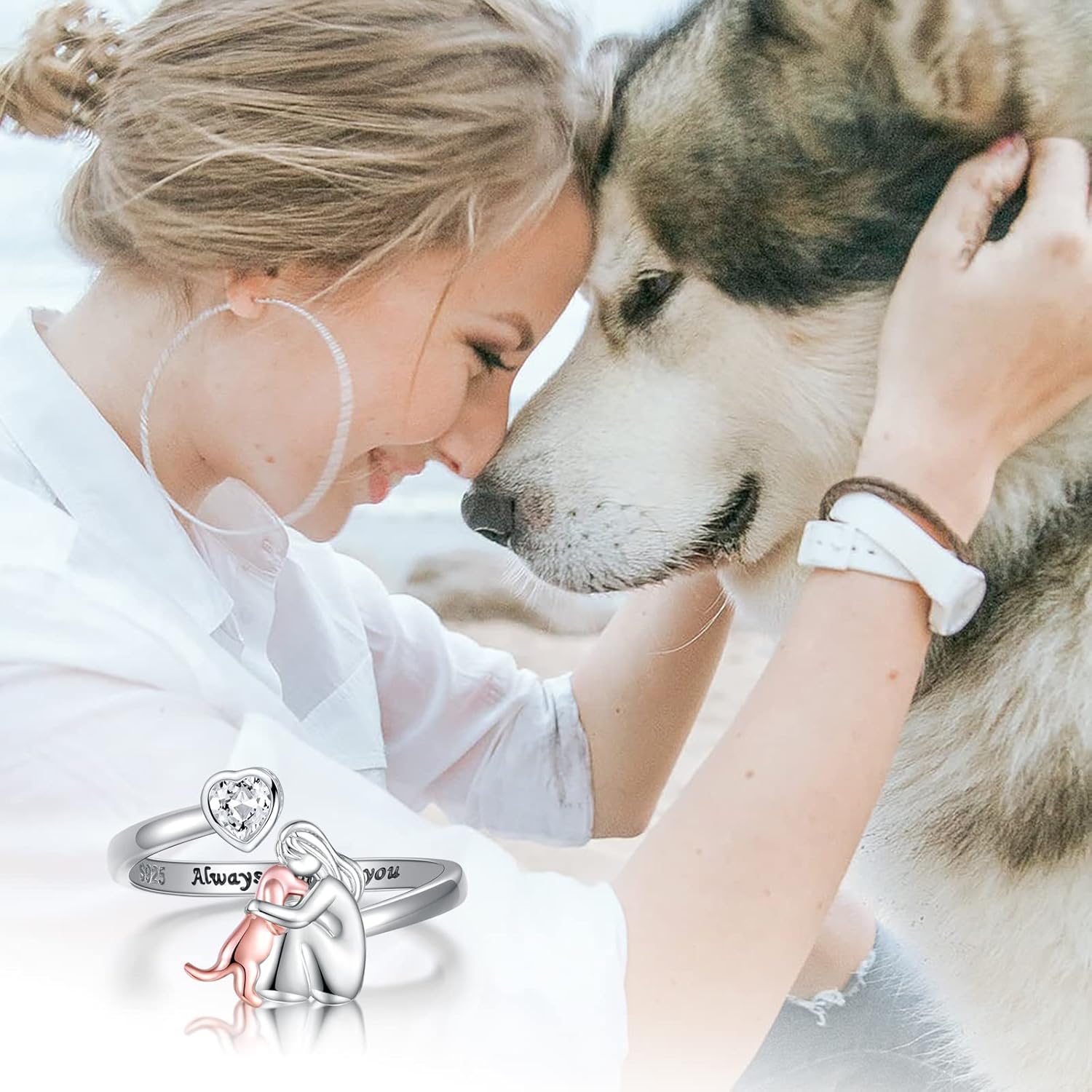 Adjustable Dog Ring in 925 Sterling Silver™ – “Always in My Heart” with Zirconia