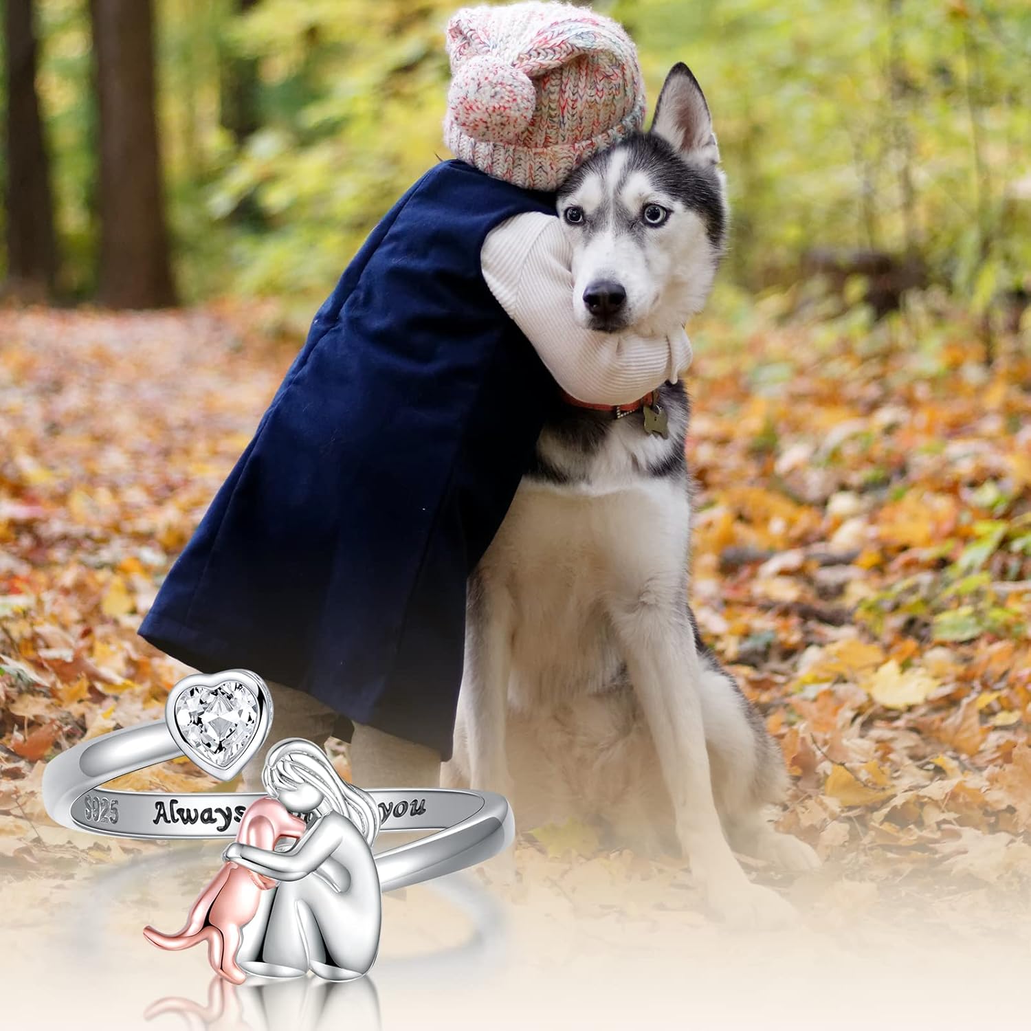 Adjustable Dog Ring in 925 Sterling Silver™ – “Always in My Heart” with Zirconia