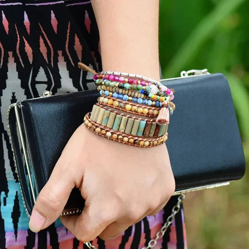 Natural Jasper & Sunflower Charm Leather Wrap Bracelet