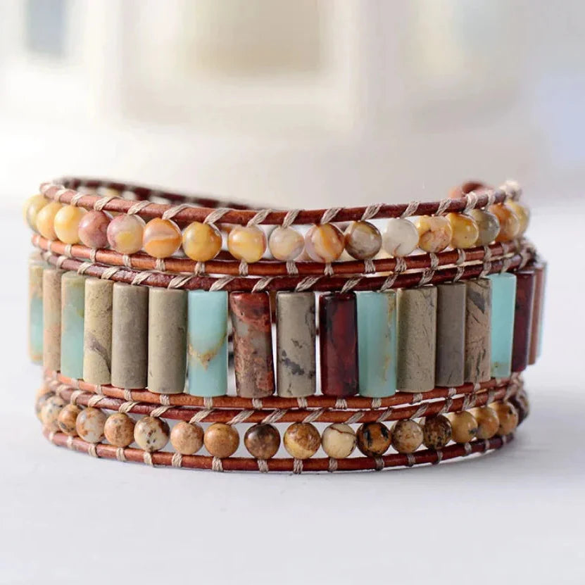 Natural Jasper & Sunflower Charm Leather Wrap Bracelet