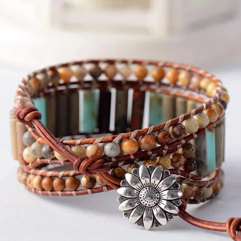 Natural Jasper & Sunflower Charm Leather Wrap Bracelet