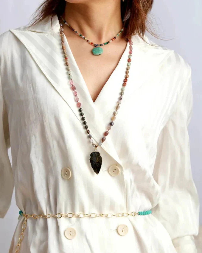 Handmade Natural Strawberry Quartz & Pyrite Necklace with Labradorite Pendant