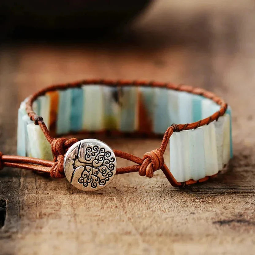 Natural Amazonite Stone & Leather Tree Of Life Bracelet