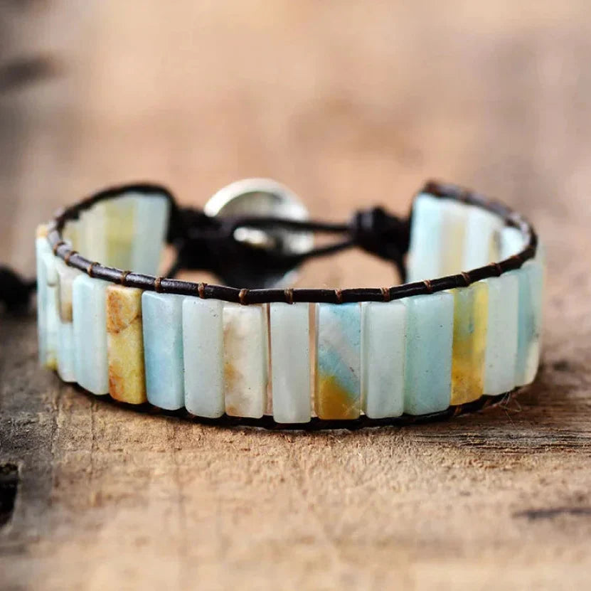 Natural Amazonite Stone & Leather Tree Of Life Bracelet