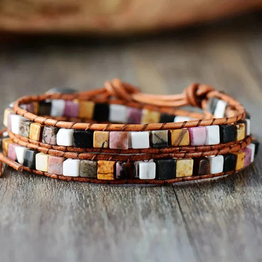 Natural Jasper Semi-Precious Stone Two Layer Leather Bracelet - 6 Colours