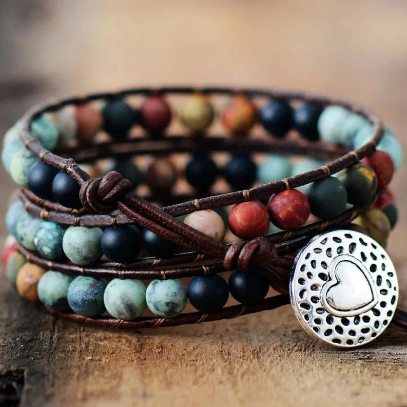 Natural Semi-Precious Gemstones "LOVE" Leather Wrap Bracelet