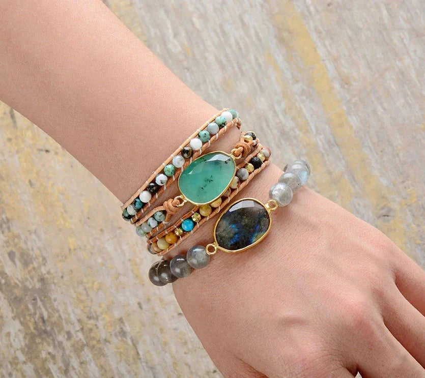 Natural Green Jade Jasper and Moss Agate Wrap Bracelet