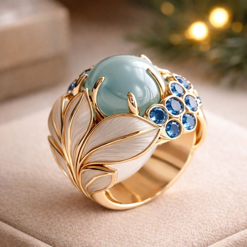 Greenish Stone Exotic Gold Leaf Ring