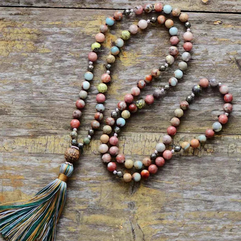 Natural Handmade Jasper Agate & Pyrite Bead Necklace With Tassel