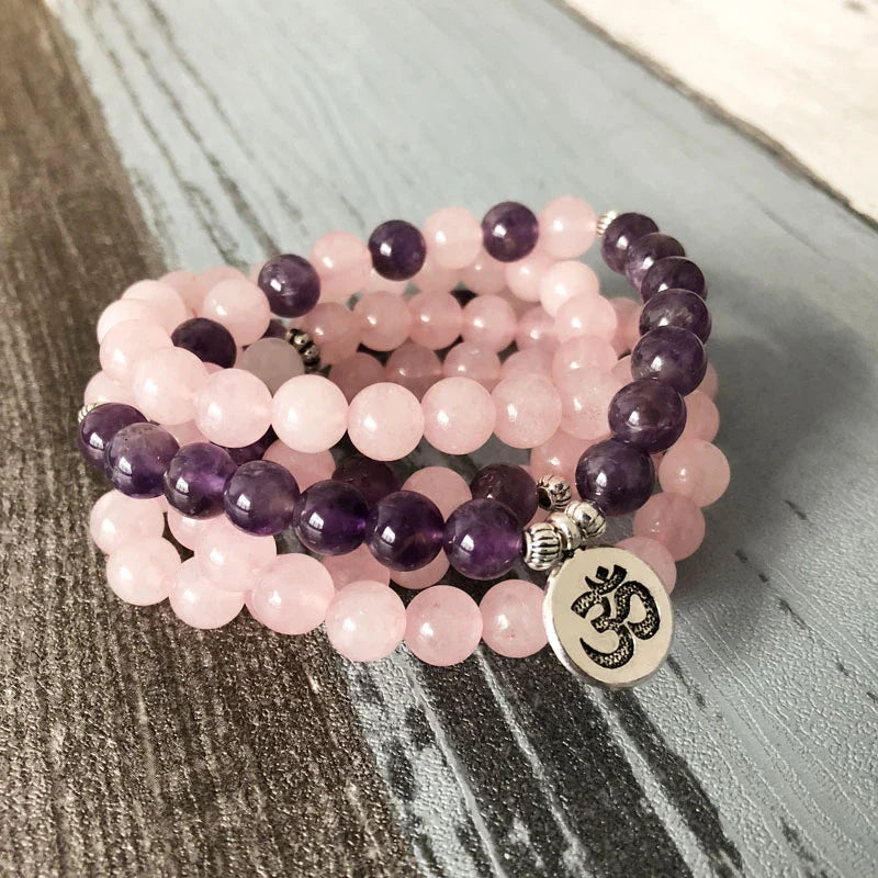 108 Natural Rose Quartz & Amethyst Mala Beads