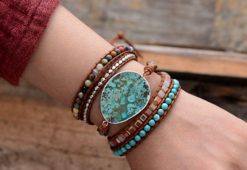 Handmade Natural Ocean Jasper Leather Wrap Bracelet