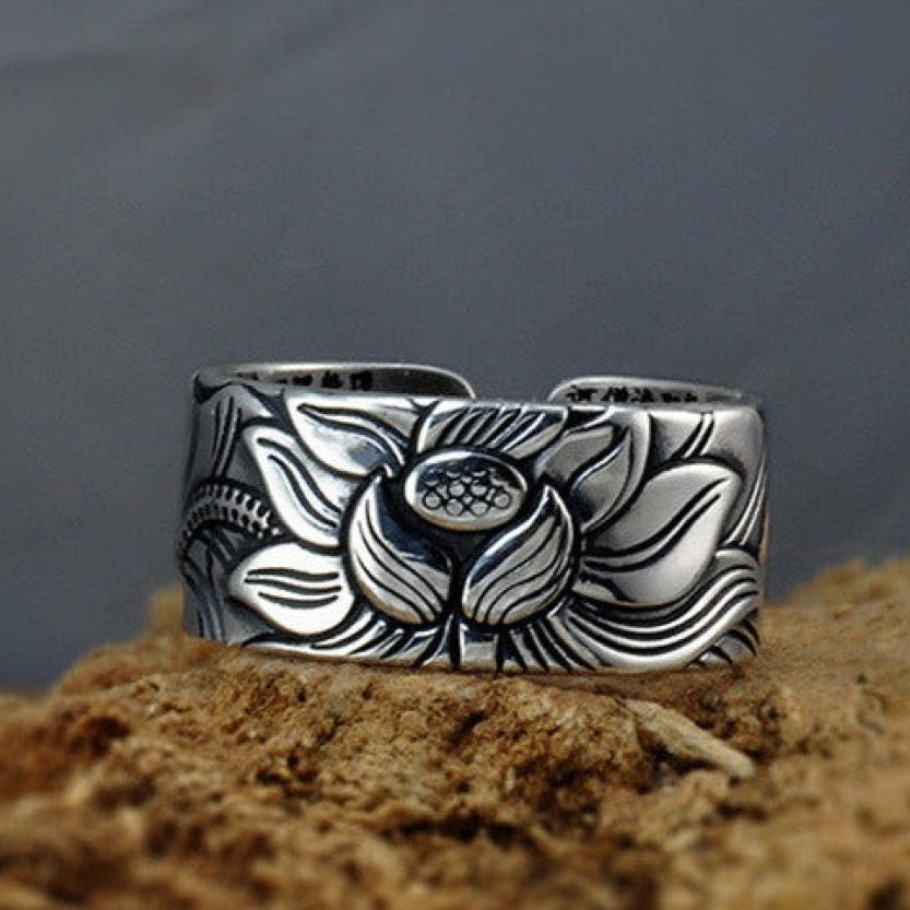 Buddhist Silver Lotus Flower Ring