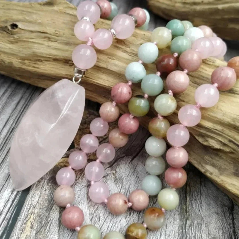 108 Natural Amazonite Rose Quartz & Rhodonite Mala Necklace