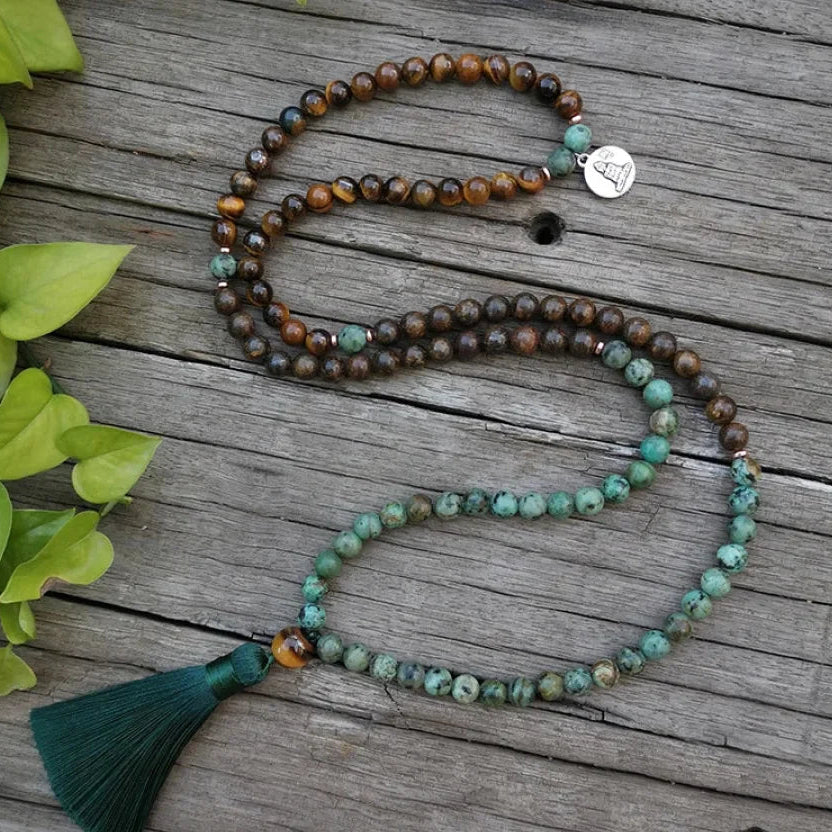 108 Natural Tiger Eye Bronzite & African Turquoise Mala Beads