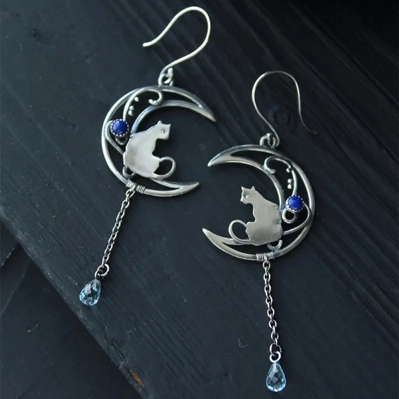Moonlight Cat Earrings™ – Vintage Crescent Design with Lapis Lazuli Gemstone