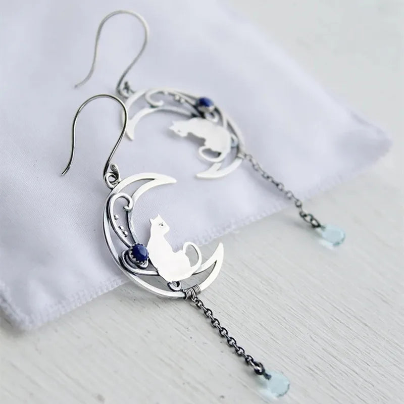 Moonlight Cat Earrings™ – Vintage Crescent Design with Lapis Lazuli Gemstone
