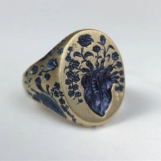 Vintage Blue Floral Seal Gold Ring