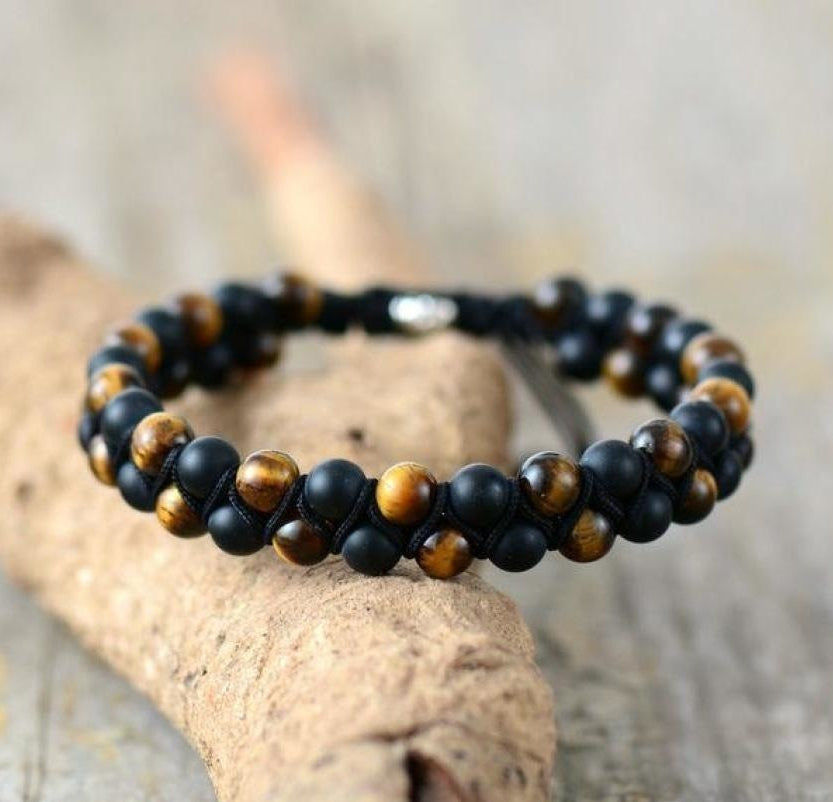 Handmade Matte Black Onyx & Tiger Eye Braided Bracelet