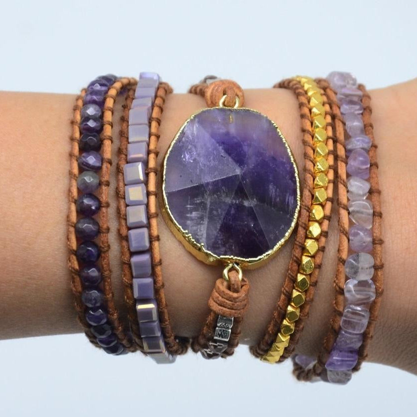 Handmade Natural Amethyst Gemstone Leather Wrap Bracelet