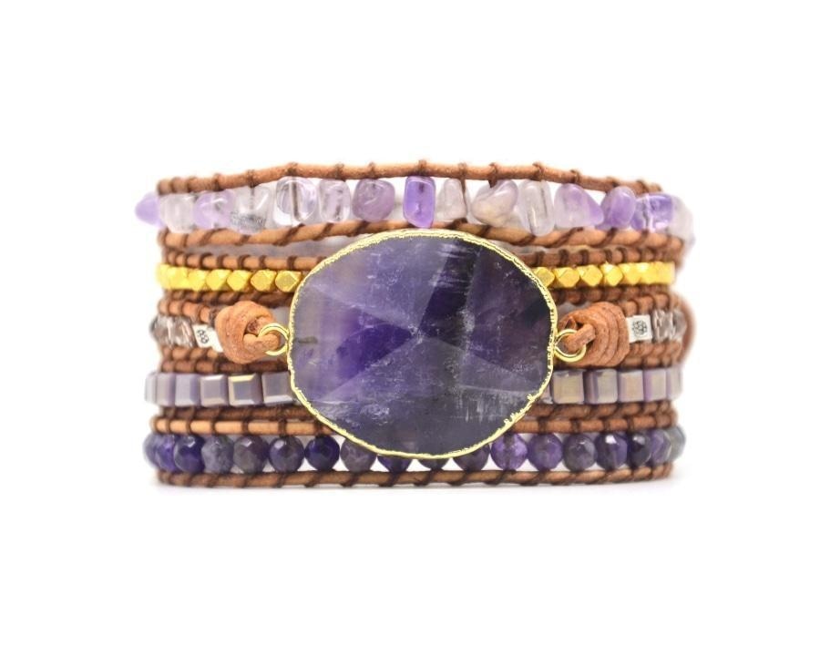 Handmade Natural Amethyst Gemstone Leather Wrap Bracelet