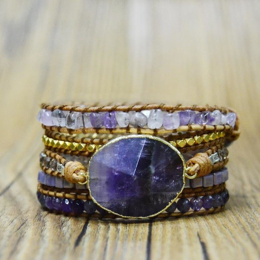 Handmade Natural Amethyst Gemstone Leather Wrap Bracelet