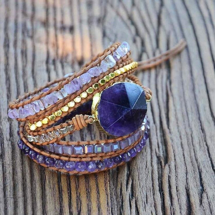 Handmade Natural Amethyst Gemstone Leather Wrap Bracelet