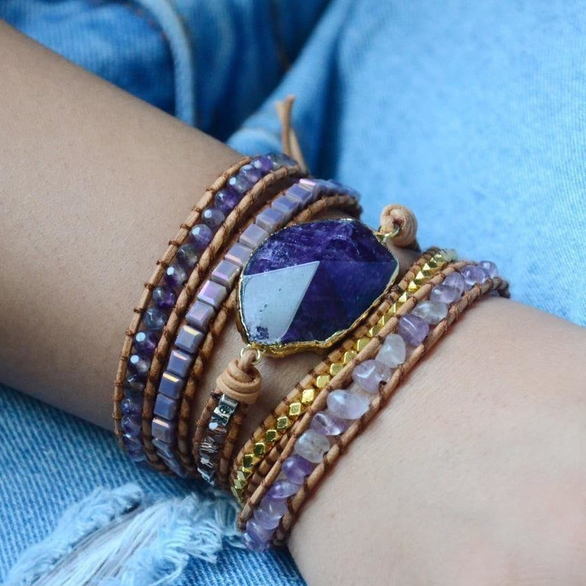 Handmade Natural Amethyst Gemstone Leather Wrap Bracelet