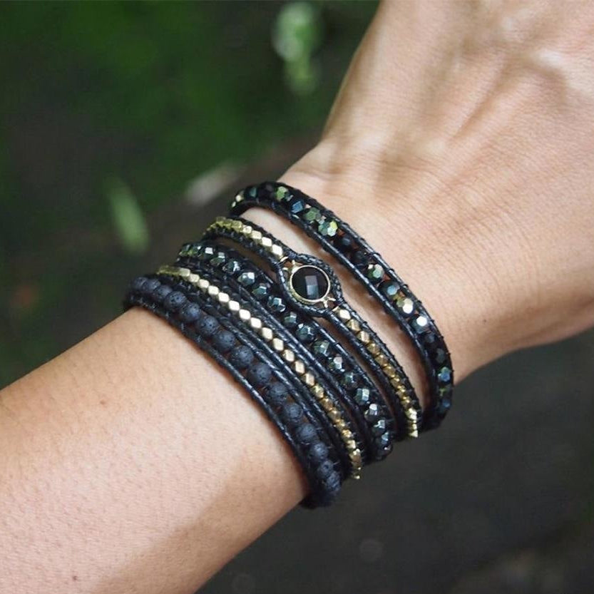 Handmade Natural Black Lava Stone & Hematite Gemstone Wrap Bracelet