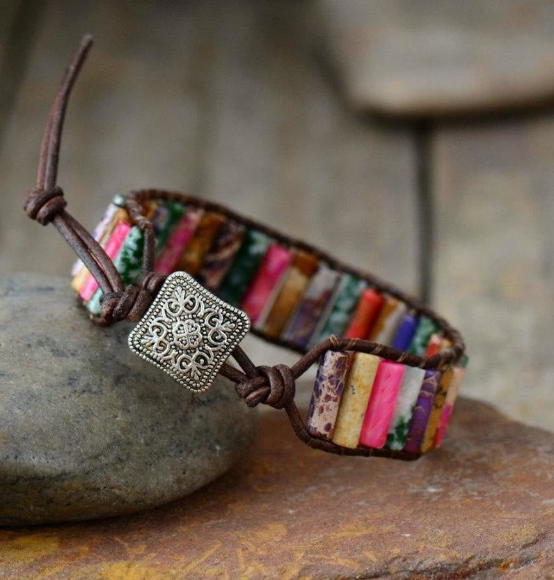 Handmade Natural Jasper & Agate Stone Leather Wrap Bracelet