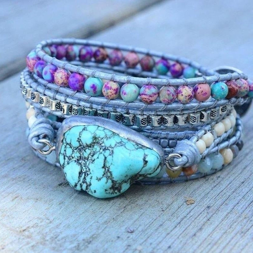 Handmade Turquoise, Jasper & Amazonite Leather Wrap Bracelet