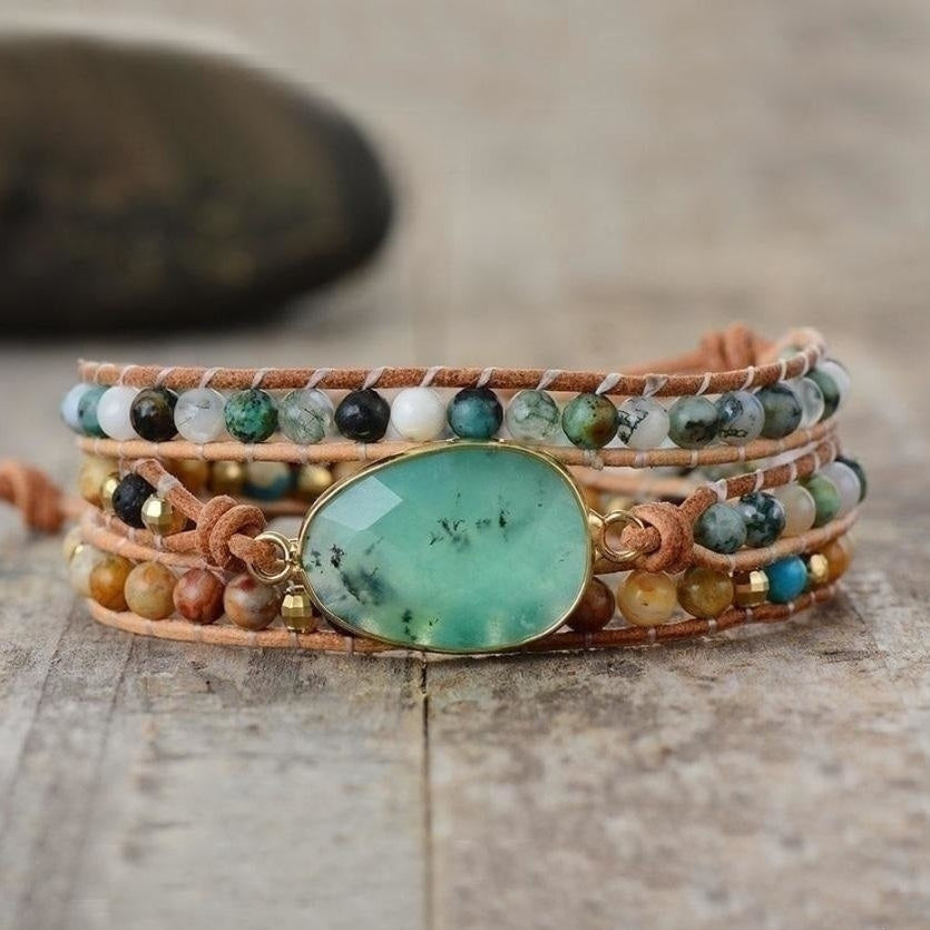 Natural Green Jade Jasper and Moss Agate Wrap Bracelet