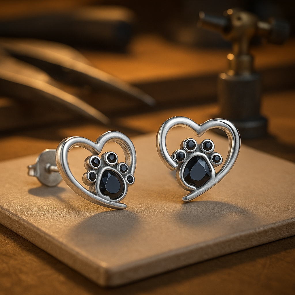 Heart Paw Stud Earrings™ – Silver with Black Enamel