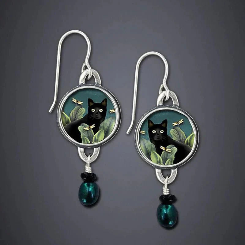 Vintage Tropical Black Cat Dangle Earrings™