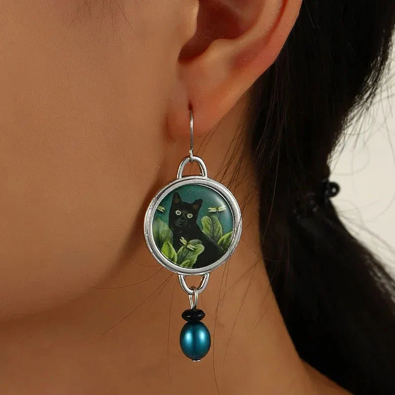 Vintage Tropical Black Cat Dangle Earrings™