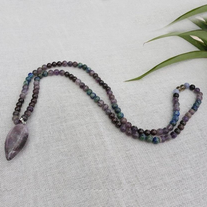 108 Natural Amethyst & Garnet Mala Bead Necklace / Bracelet