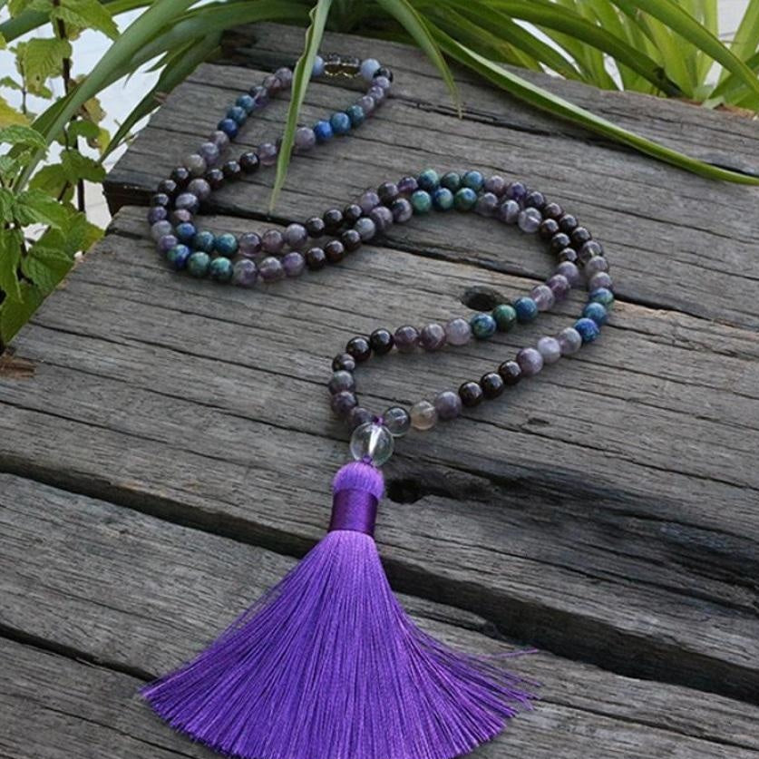 108 Natural Amethyst & Garnet Mala Bead Necklace / Bracelet