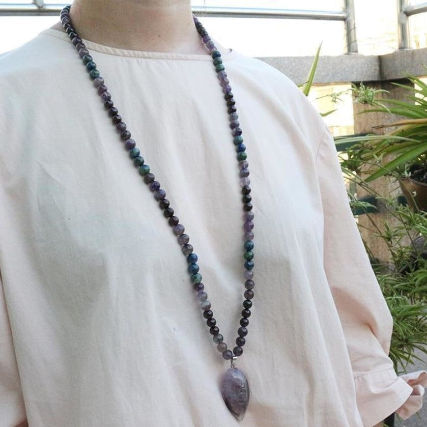 108 Natural Amethyst & Garnet Mala Bead Necklace / Bracelet