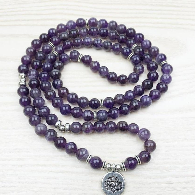 108 Natural Amethyst Stone Mala Prayer Beads Bracelet