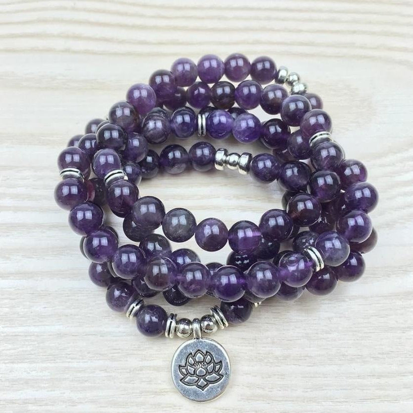 108 Natural Amethyst Stone Mala Prayer Beads Bracelet