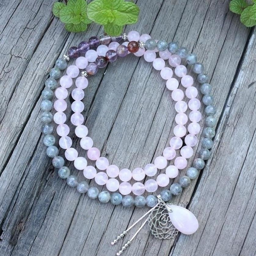 108 Natural Labradorite White Jade and Amethyst Mala Beads Necklace / Bracelet