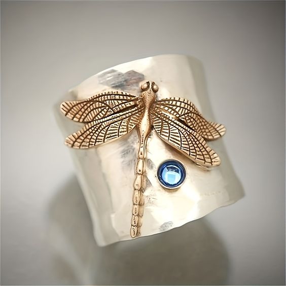 Vintage Golden Dragonfly Silver Ring™