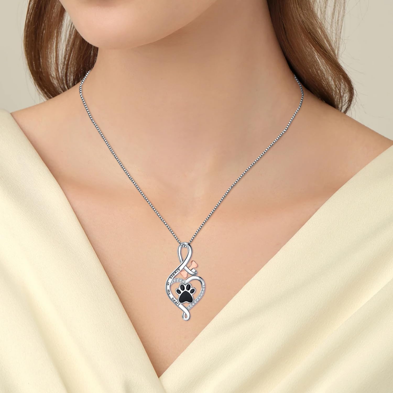 Lucky Paw Necklace with Heart, Bone & Infinity™ – “Always in My Heart” Pendant