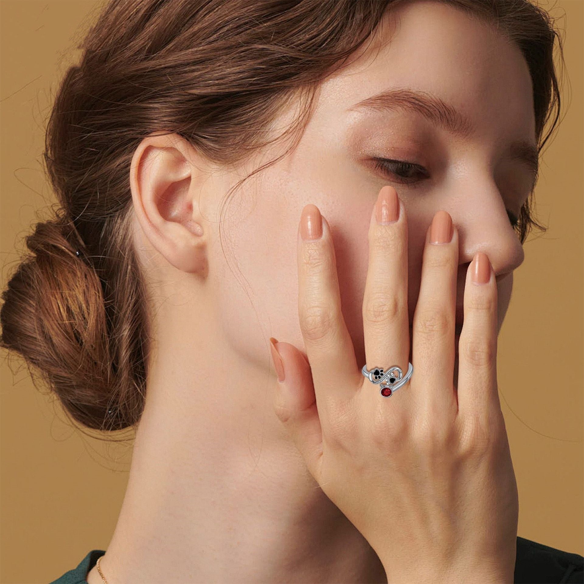 Black Paw Print Adjustable Ring With Red Gemstone™