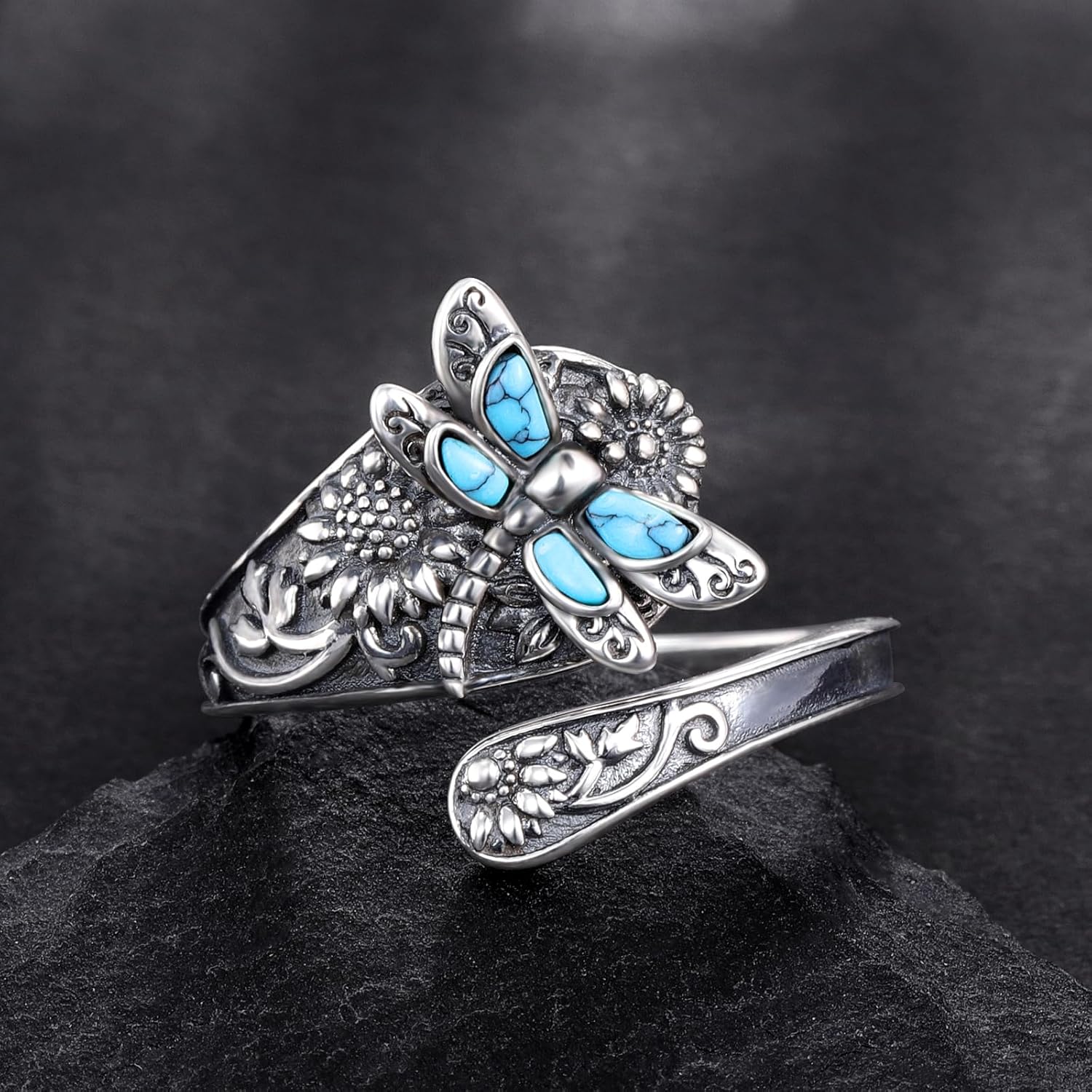 Sterling Silver Turquoise Spoon Ring™ – Vintage Boho Wrap Ring with Dragonfly