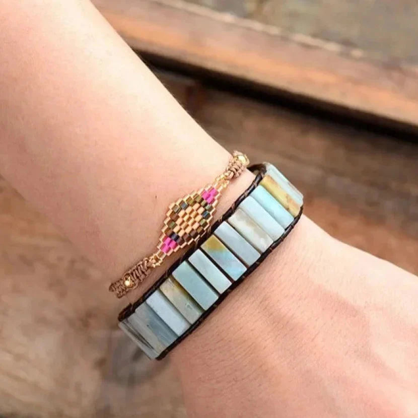 Natural Amazonite Stone & Leather Tree Of Life Bracelet