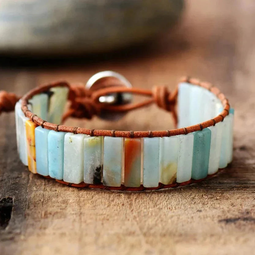Natural Amazonite Stone & Leather Tree Of Life Bracelet